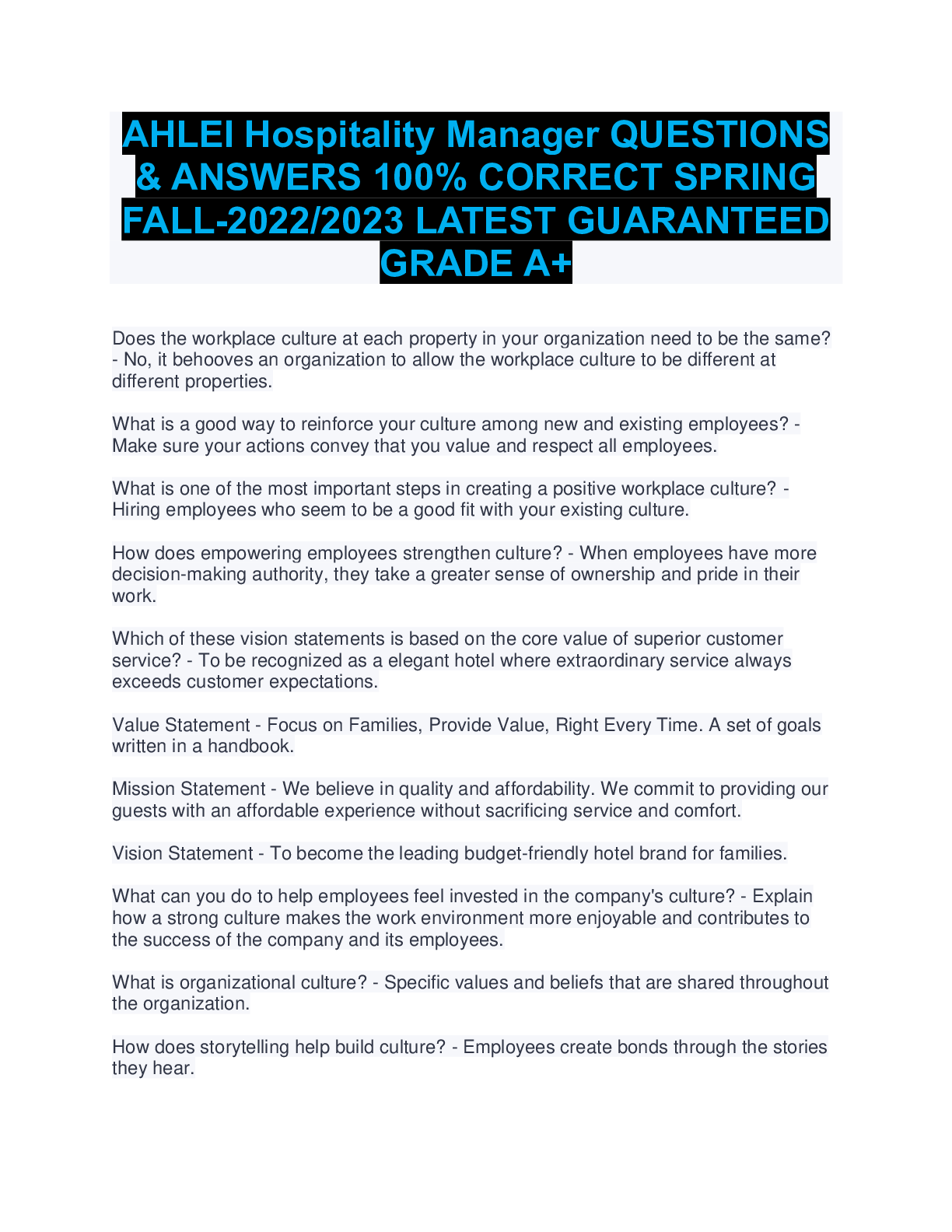 Preview image for AHLEI Hospitality Manager QUESTIONS & ANSWERS 100% CORRECT SPRING FALL-2022/2023 LATEST GUARANTEED GRADE A+
